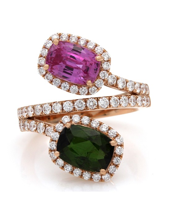 Green Tourmaline and Pink Sapphire Diamond Bypass Ring